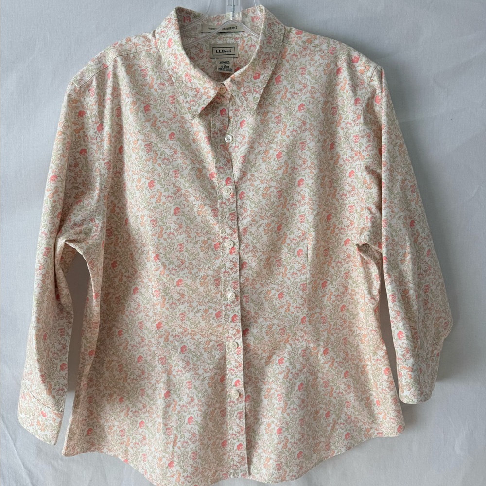 L.L. Bean Women’s Cream Button-Up Shirt with Pink Floral Print